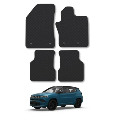 Image of Rubber Car Mats Compatible with Jeep Compass (2018+) Tailored Fit Floor Set Accessory Black Custom 4 Pieces Clips Anti Slip Backing, Heavy Duty &amp; Waterproof