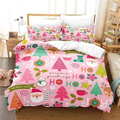 Image of NC Pink Christmas Snowman Cartoon Santa Claus Bedding Sets 3 Piece Duvet Cover Breathable Quilt with 2 Pillowslips for Guest Room School Dormitory Lining 135x200cm