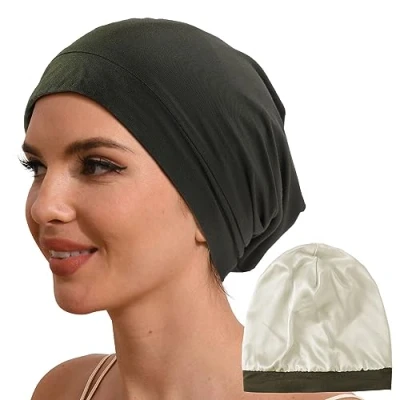 Image of Hat Hut 100% Mulberry Silk Lined Sleep Cap Pure Bonnet for Curly Hair Wrap Sleeping Slouchy Beanie (Green)