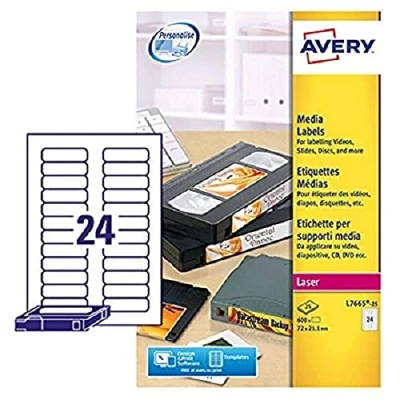 Image of Avery L7665 25 Printable, Customisable Data Cartridge/Data Storage Labels, 24 Labels Per A4 Sheet, White