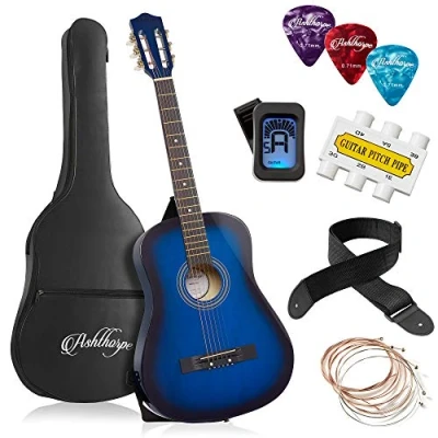 Image of Ashthorpe 38 inch Beginner Acoustic Guitar Package (Blue), Kids Basic Starter Kit w/Gig Bag, Strings, Strap, Tuner, Pitch Pipe, Picks