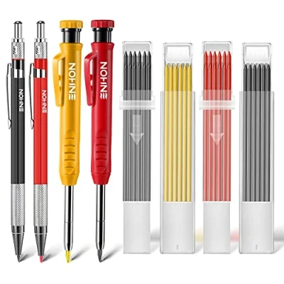 Image of Enhon 4 Pcs Mechanical Carpenter Pencils with 40 Refills and Mental Marking Scribe Tools, Solid Deep Hole Woodworking Marker Tools Built in Sharpener(Black, Red, Yellow)