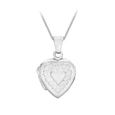 Image of Tuscany Silver Women&#039;s Sterling Cubic Zirconia Heart Locket on Adjustable Curb Chain Necklace of 41cm/16&quot; 46cm/18&quot;