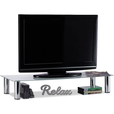 Image of Relaxdays Glass TV Table, Chrome Plated Metal Legs, Rectangular Stand, Tabletop, 100x35x17 cm, White/Silver
