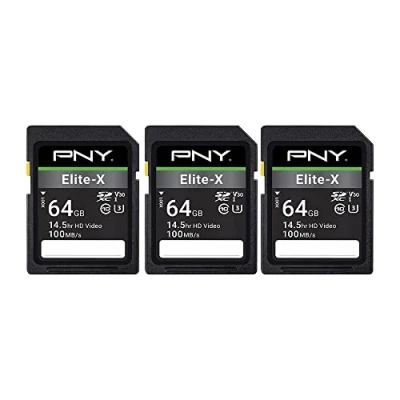 Image of PNY 64GB Elite X Class 10 U3 V30 SDXC Flash Memory Card 3 Pack 100MB/s, 10, U3, V30, 4K UHD, Full HD, UHS I, Size SD​