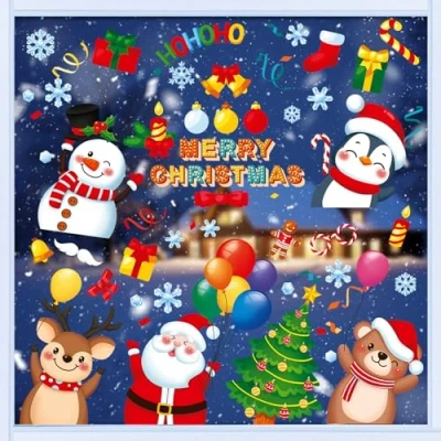 Image of Christmas Window Clings Large Stickers, SMALUCK 9 Sheets Double Side Decorations Xmas Shop Decals Santa Claus Snowman Snowflake for Glass Windows Party
