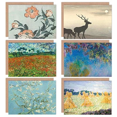 Image of Artery8 Monet Koson Van Gogh Hokusai Flowers Poppy Blossom Mixed Fine Art Greeting Card Pack of 6
