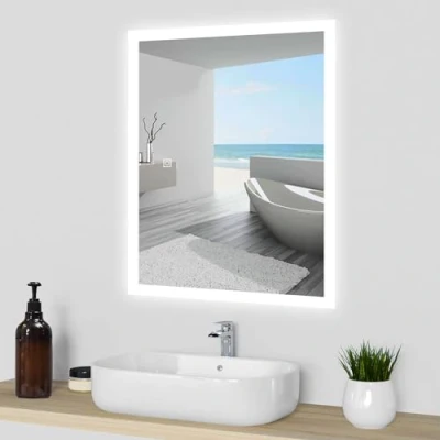 Image of 800 X 600 mm LED Bathroom Mirror with Shaver Socket, Illuminated 3 Color Tone, Dimmable, Memory Function Demister Wall Touch/Swithc Touch Mounted Vanity