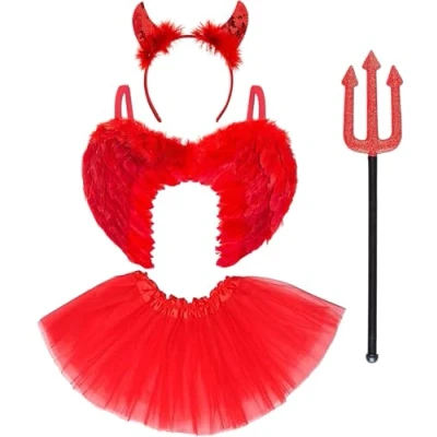 Image of REDSTAR Children&#039;s Devil Costume 4pc Set Includes; Red Feather Wings, Horns Headband, Trident Fork Prop and Tutu Skirt, Halloween Outfit, Girls Cosplay, Fancy Dress for Kids