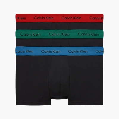 Image of Calvin Klein Mens 3 Pack Trunks Low Rise Cotton Stretch, Black/Green/Blue/Red Size Small