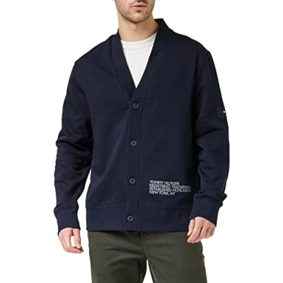 Image of Tommy Hilfiger Men Badged Graphic Cardigan Knitted Jumper with Buttons, Blue (Desert Sky), L