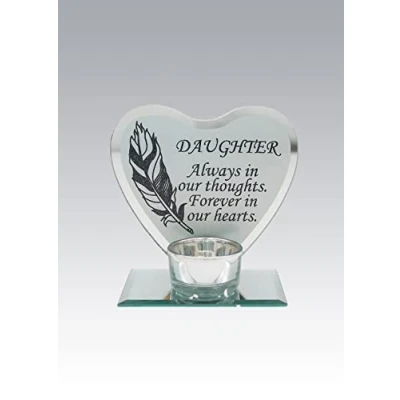 Image of Daughter Feather Design Memorial Glass Heart Tea Light Plaque DF18890 I