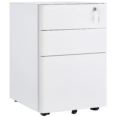 Image of Vinsetto Lockable File Cabinet with 3 Drawers, Steel Rolling Filing 5 Wheels and Pencil Case, Vertical Office Drawer for A4, Letter, Legal Size, Pre Assembled Body, White