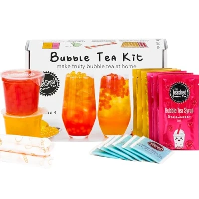 Image of Fruit Bubble Tea Kit Gift Box 6 Servings Set Includes Mango and Strawberry Syrups, Cherry Peach Popping Boba, Bags Paper Straws by THE TEASHED
