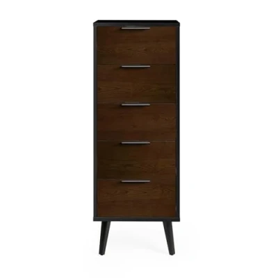 Image of Julian Bowen Alba 5 Drawer Narrow Chest Soft Close Walnut/Black, 120.5 x 45 40
