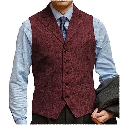 Image of Solovedress Mens Vintage Collar Suit Waistcoat V Neck Casual Wool Dress Vest for Wedding Party(Burgundy,XL)
