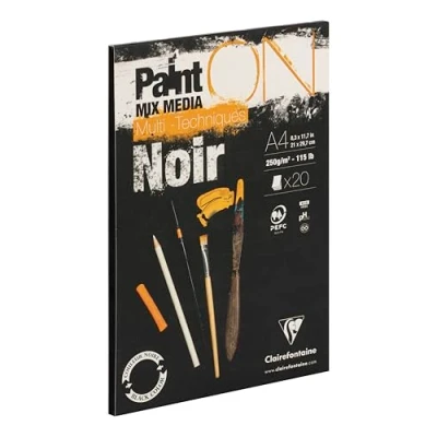 Image of Clairefontaine Ref 975169C Paint&#039;ON Multi Technique Black Paper Pad (20 Sheets) A4 Size, 250gsm Heavyweight Paper, Slight Rough Grain, Acid Free, pH Neutral