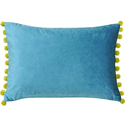 Image of Riva Paoletti Fiesta Rectangular Feather Filled Cushion Blue Green Pompom Edges Soft Velvet Fabric Discreet Zip Closure 100 Case (14&quot; x 20&quot; inches), Polyester, Teal/Bamboo, 35 50cm
