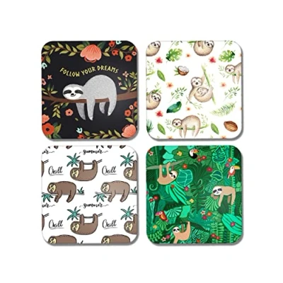Image of 4 x Square Lazy Sloth Coasters Cartoon Dreams Animals Chill Zoo Gift #77930