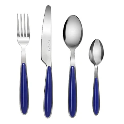 Image of EXZACT Cutlery Set of 16, Stainless Steel with Color Handles 4 Forks, Dinner Knives, Spoons, Teaspoons EX07 (Blue x 16)