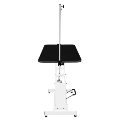 Image of Hydraulic Pet Dog Grooming Table Lift Height Adjustable H Bar 180kg Weight Capacity Large 106cm x 61cm Black Rubber Top Professional Heavy Duty Steel White Frame 4 Adaptable Stable Feet 3 Loop Leashes
