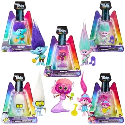 Image of DREAMWORKS TROLLS World Tour Miniature Toy Figure with Musical Instrument Accessory Bundle Pack of 5 Branch, Satin, Mermaid, Tiny Diamond, &amp; Poppy