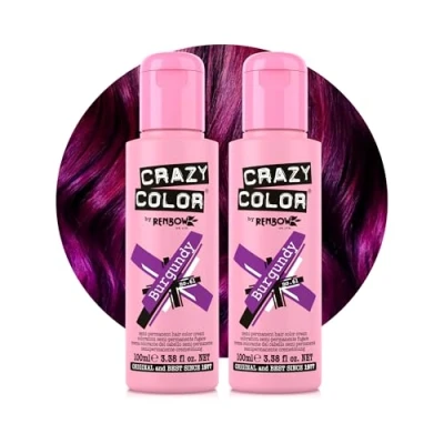 Image of Crazy Color Vibrant Burgundy Semi Permanent Duo Hair Dye. Highly Pigmented Purple Wine Conditioning &amp; Oil Nourishing Vegan Formula No Bleach or Ammonia 200ml