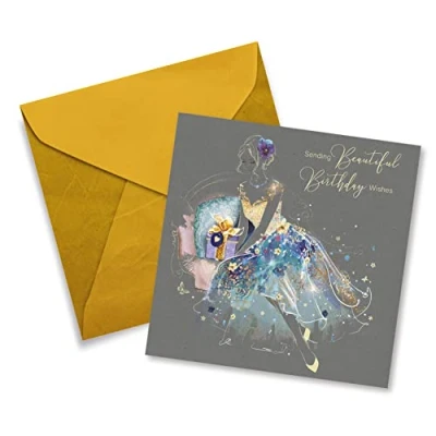 Image of Cherry Orchard Female Open Birthday Card Sending Beautiful Wishes Artistic Lady In Sparkly Blue Dress Holding Gifts Flitter &amp; Gold Foil Finish For Her