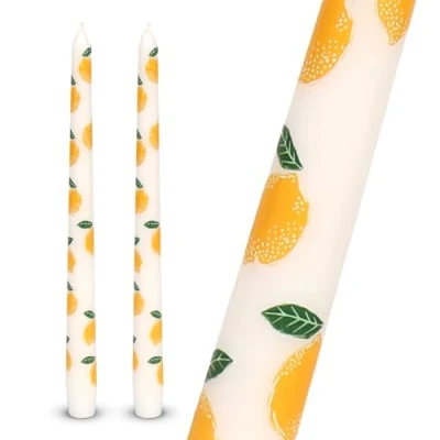 Image of Talking Tables 2 x Tapered Tall Dinner Candles with Lemons Design Made of Wax, Stylish Table Decorations Centrepieces, Summer Decor. Eco Packaging, Unscented, Burn Time 5 Hours, 23cm