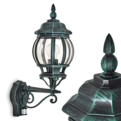 Image of Outdoor Wall lamp Lentua with Motion Detector, Upwards in Antique Look, cast Aluminium Black/Green Plastic Discs, for Terrace/Yard, E27 socket, Without Bulbs
