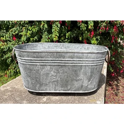 Image of Galvanised Zinc Oval Planter Pot Bowl With Handles Outdoor Garden Metal Trough