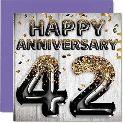 Image of Awesome 42nd Anniversary Card for Husband Boyfriend Wife Girlfriend Black Gold Glitter Balloons Happy 42 Cards from Family, 145mm x Greeting Forty Second Anniversaries