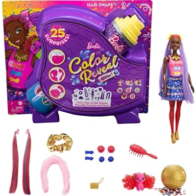 Image of Barbie Color Reveal Glitter Hair Swaps Doll, Glittery Blue with 25 Hairstyling &amp; Party Themed Surprises Including 10 Plug In Pieces, Gift for Kids 3 Years Old Up