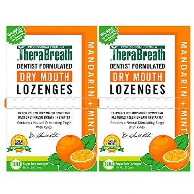 Image of TheraBreath Dry Mouth Lozenges with Zinc, 100 Lozenges, Mandarin Mint, Count (Pack of 2)