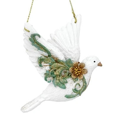 Image of Gisela Graham Resin Cream Gold and Green 9cm Rocco Flying Dove Hanging Decoration