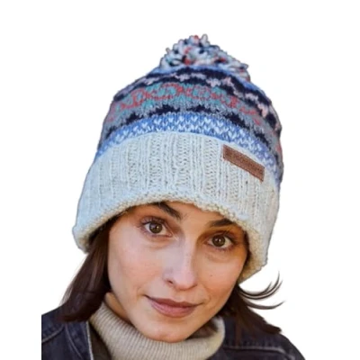 Image of Pachamama Women Wool Beanie Bobble Hat Fleece Lined Roll Back Handknitted Traditional Fairisle Multicoloured One Size Handmade Extra Warm Fair Trade (Wool, Oatmeal)
