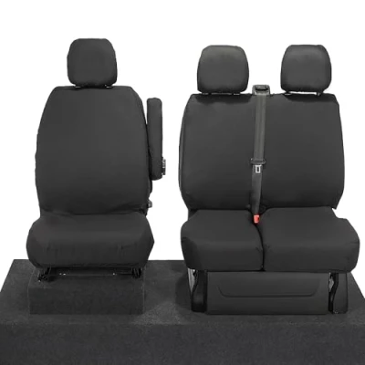 Image of UK Custom Covers SC188B Tailored Heavy Duty Waterproof Front Seat (Split Passenger Base NO Folding Middle Seat) Black Compatible With Vauxhall Vivaro Double Cab 2014 2019