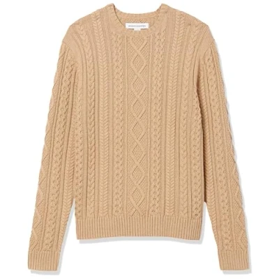Image of Amazon Essentials Men&#039;s Long Sleeve 100% Cotton Fisherman Cable Crewneck Jumper, Camel, S