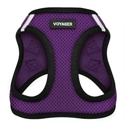 Image of Voyager Step in Air Dog Harness All Weather Mesh, Reflective, No Pull for Small, Medium Dogs, Cats Secure with Hook &amp; Loop Fastener, Buckle, Double D Rings Purple/Black Trim, M