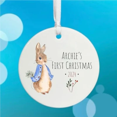 Image of Luck and Personalised Peter Rabbit 1st Christmas Bauble, Baby&#039;s First Keepsake, Porcelain Hanging Tree Decoration, Gift