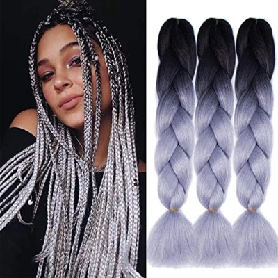 Image of FANWYFYU Ombre Braiding Hair, 3Pack/Lot Hair Extensions High Temperature Synthetic 24inch Pre Stretched (black grey)