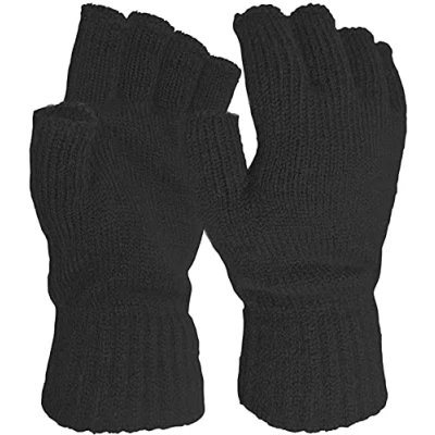 Image of Mens Womens Unisex Fingerless Or Full Finger THERMAL LINED Gloves Winter Thick Wool Knit Extra Warm (Womens, Fingerless, Black)