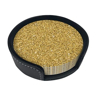 Image of Round Coasters, Seamless Gold Glitter Shimmer,Mugs Pad Cups Mat Set of 6 Leather Drinks Coasters with Holder