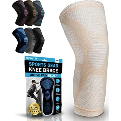 Image of POWERLIX Knee Support for Women/Men, Brace Compression Sleeve Arthritis, Joint Pain, Ligament Injury, Meniscus Tear, ACL, MCL, Tendonitis, Running, Squats, Sports, Beige, XLarge
