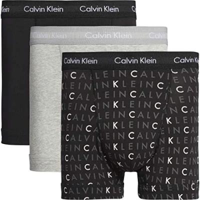 Image of Calvin Klein Men Boxer Short Trunks Stretch Cotton Pack of 3, Multicolor (Black/Grey Heather/Subdued Logo), L