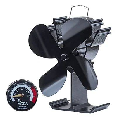 Image of HAWCAFU Wood Stove Fan Heat Powered with Thermometer 4 Blade Log Burner Silent Eco Friendly Top for Fireplace