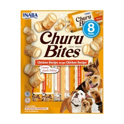 Image of Churu Bites by INABA Dog Treat Chicken Flavour (8 x 12g) / Crispy Pouches with Creamy Filling Treat, Delicious &amp; Healthy Snack for Dogs, Training Natural, Grain Free
