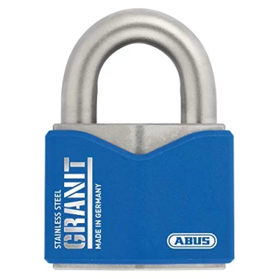 Image of ABUS Granit 37ST/55 Stainless Steel Padlock for Outdoor Use with Plus Disc Cylinder Security Level 10 Blue/Silver