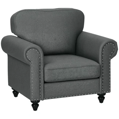 Image of HOMCOM Fabric Accent Chair with Nailhead Trim Rolled Arms and Slatted Wood Frame, Upholstered Lounge for Living Room, Bedroom, Home Office, Charcoal Grey