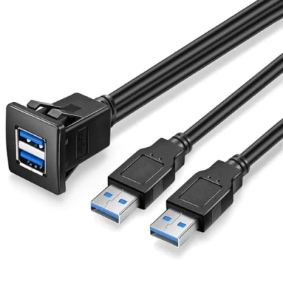 Image of URWOOW Dual USB3.0 Square Flush Mount 1M 3ft USB 3.0 Extension Mount, Dash Panel Cable, for Car, Boat, Motorcycle (3 feet)